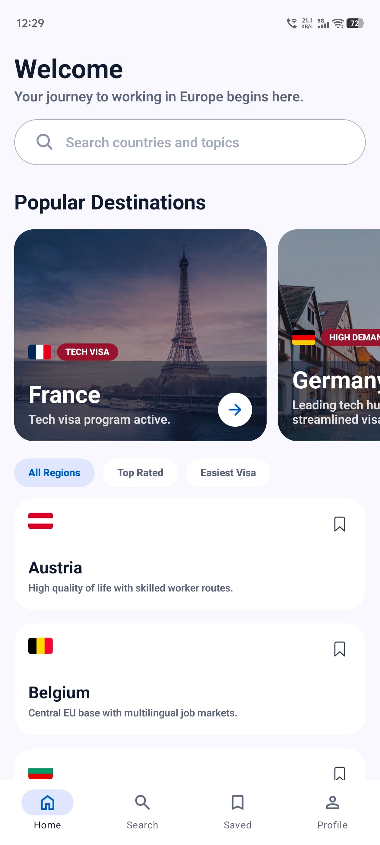 EU Work Support home screen