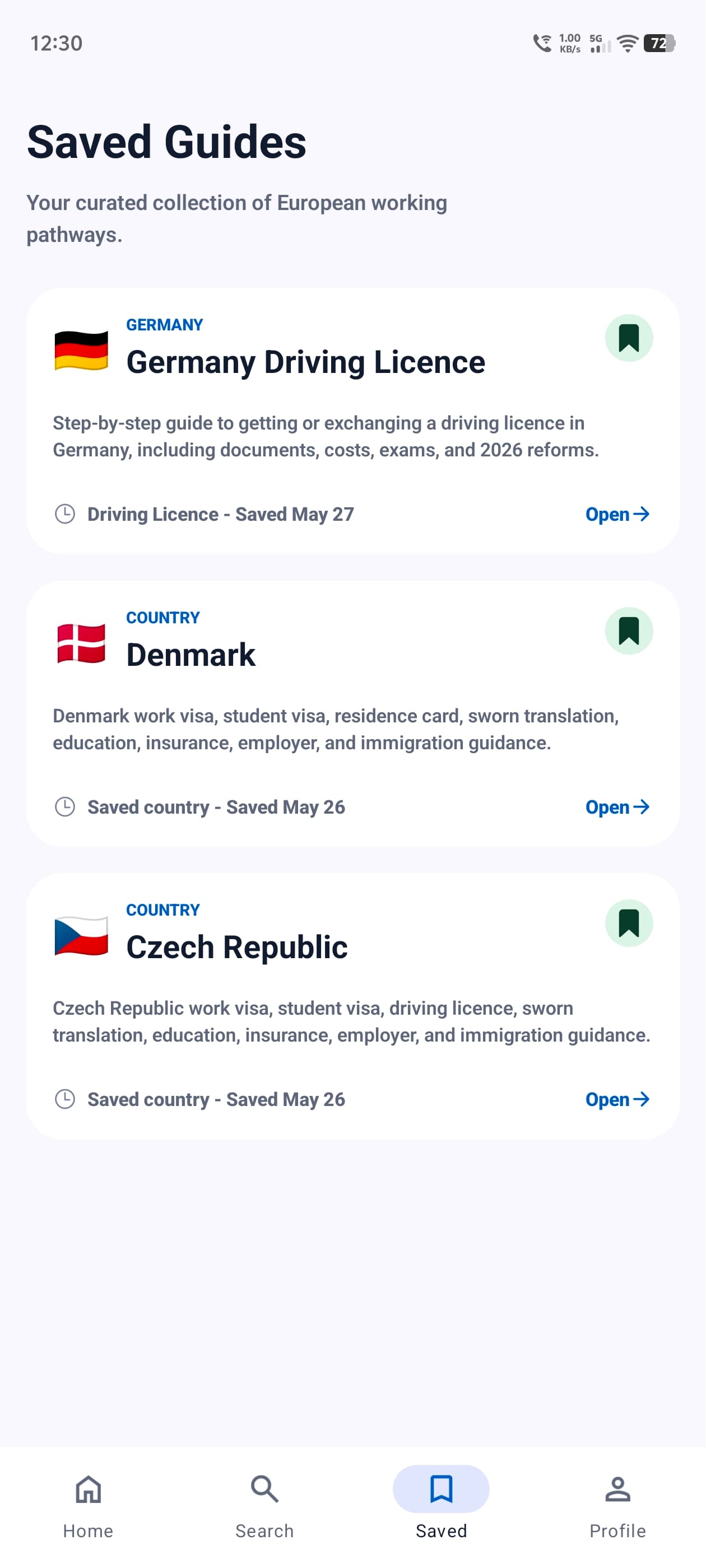 EU Work Support saved guides screen