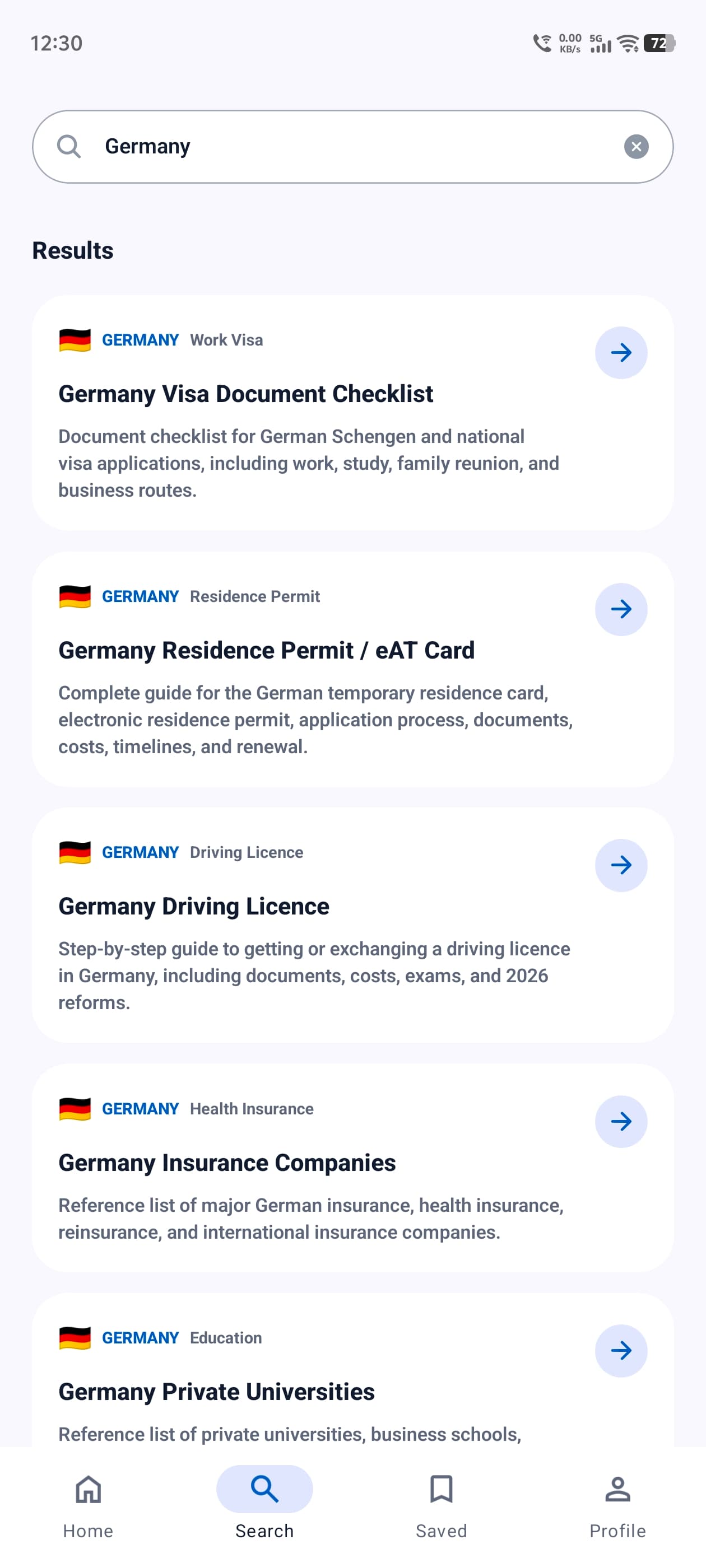 EU Work Support search results screen