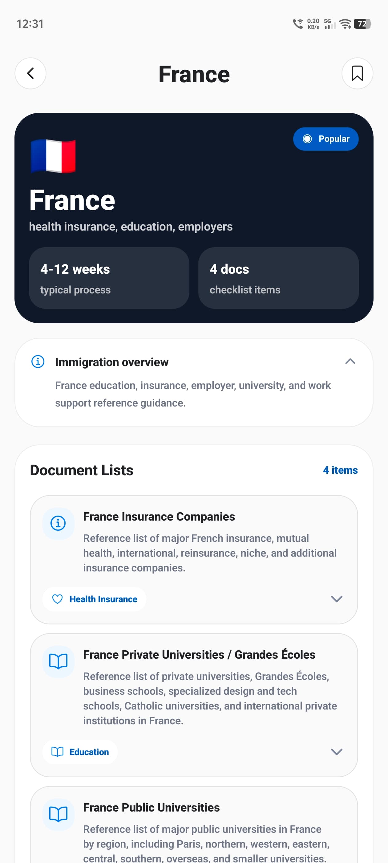 EU Work Support country detail screen